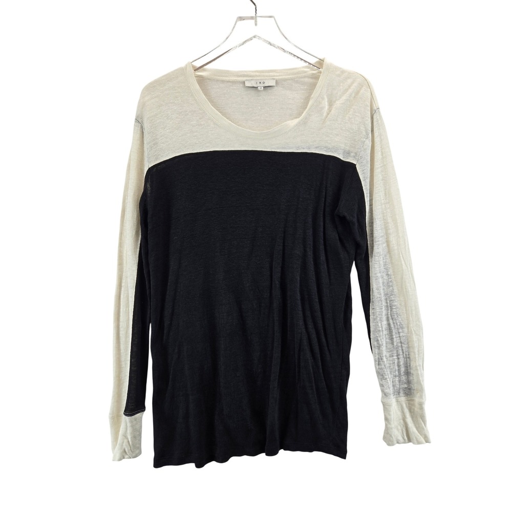 IRO Paris Women Black Cream Colorblock Linen Blend Long Sleeve Top Tunic Size M